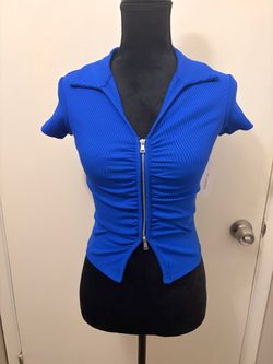 Blue Ribbed Zip-Front Short Sleeve Top
