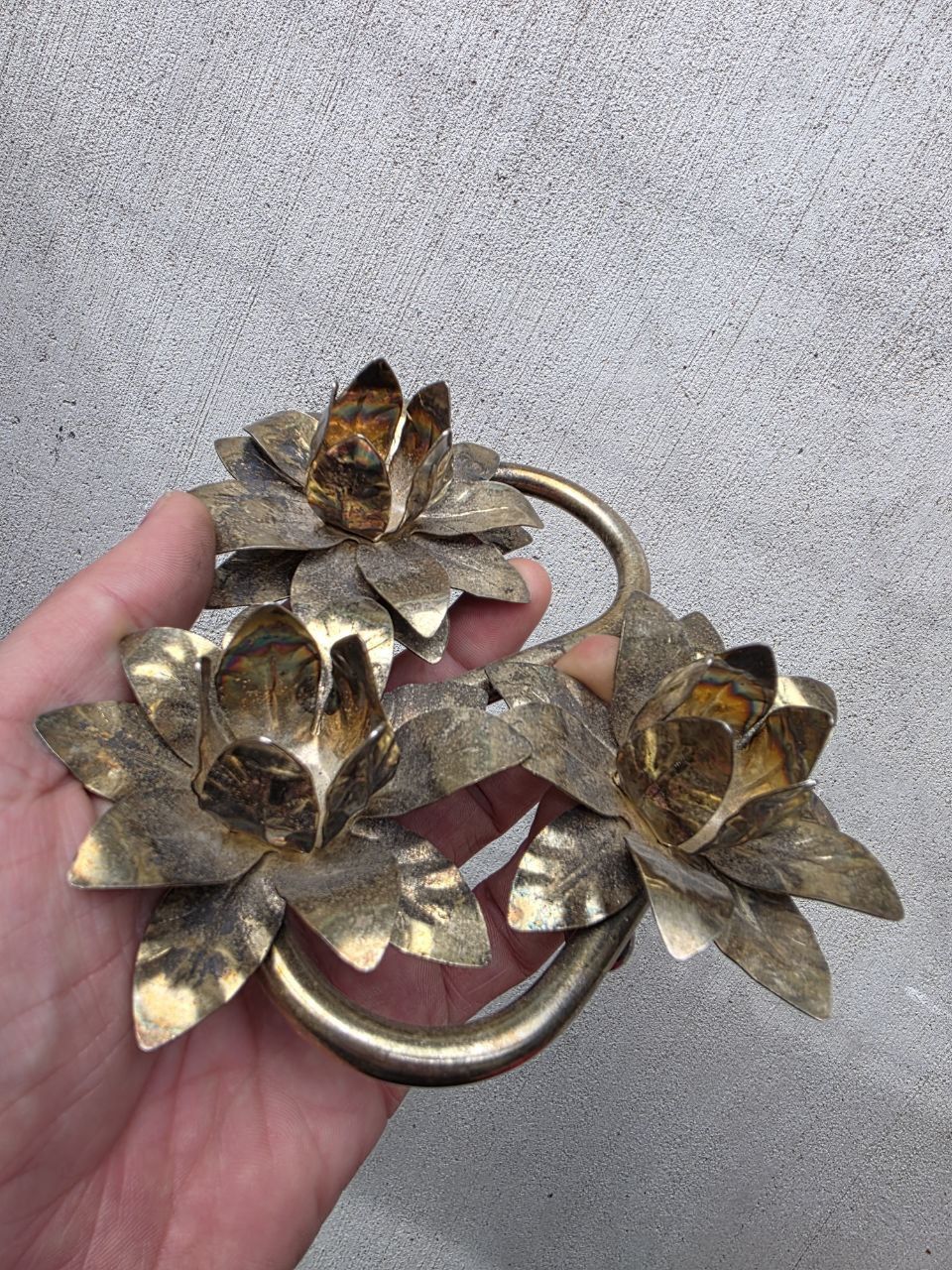 Vintage Brass Floral Candle Holder 3 Light Lotus Flower 1960s