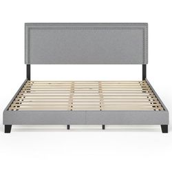 Furinno Laval Double Row Nail Head Upholstered Platform Bed Frame, Gray, King Size