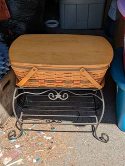 Longaberger Wrought Iron Side Table with Basket Combo and Wooden Lid 1996