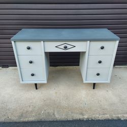 Mid Century 7 Drawer Solid Wood Desk (1960) Painted Light Gray with Darker Top.