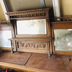 Antique Beveled Mirror Hutch Bar Display Counter