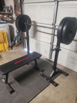 Flat Weight Bench & Adjustable Squat Rack With weights & Bar 175lbs all together