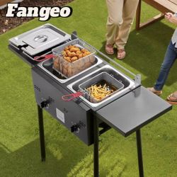 Outdoor Propane Deep Fryer, Double Burners Commercial Fryer, 16 Qt Stainless Steel Cooker with Removable Baskets & Lids & Tanks, Oil Fryer Cart with T