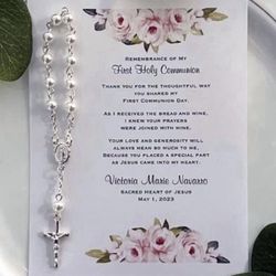 10 FIRST COMMUNION religious pink rosary remembrance prayer cards favors gifts