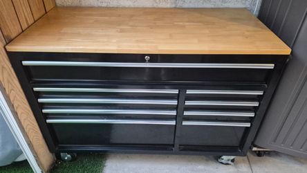 Husky 52 in. 9-Drawer Heavy-Duty Mobile Workbench with Wood Top & Power Strip – Excellent Condition