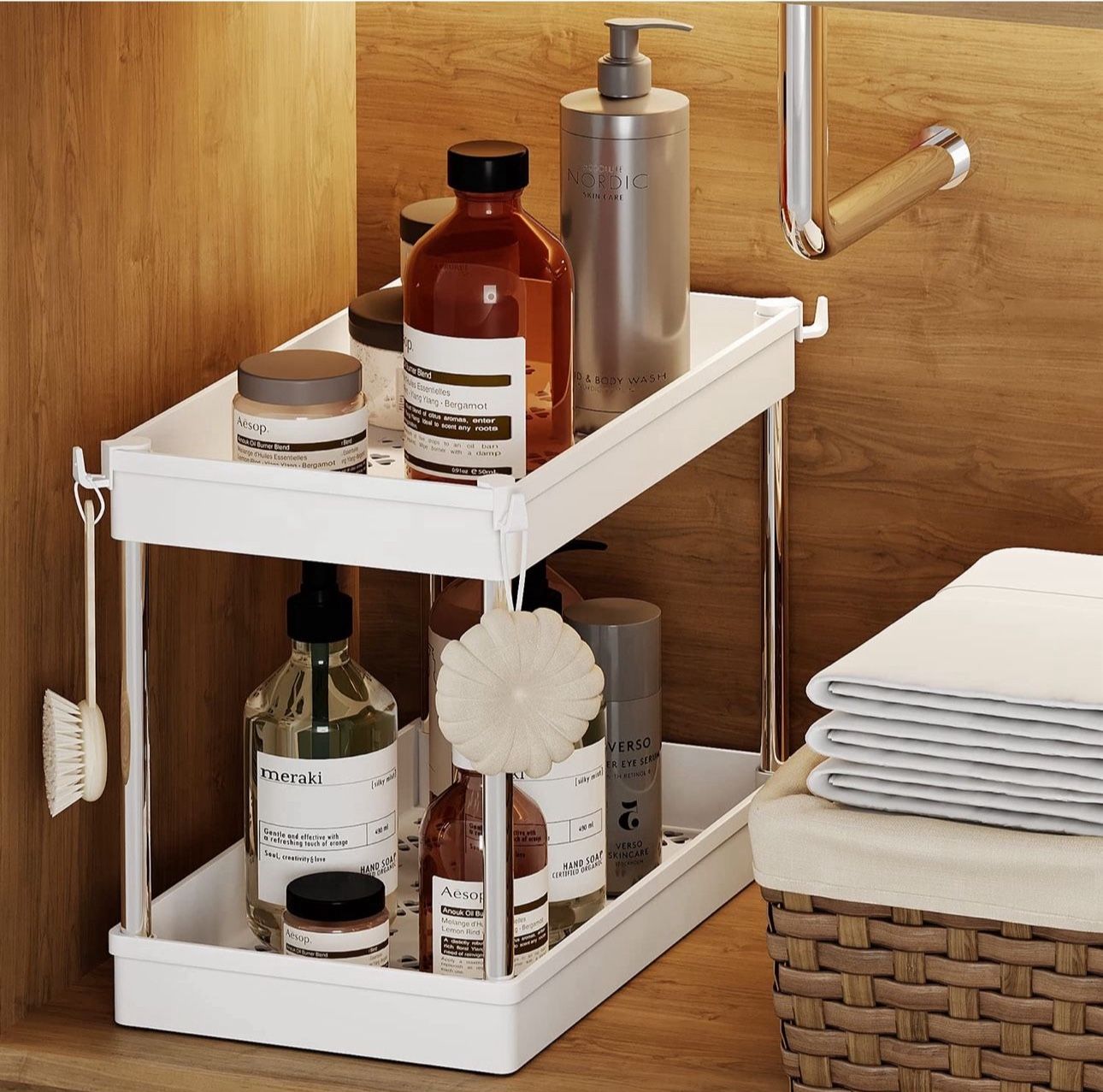 Under Sink Organizer and Storage, 2-Tier Under Bathroom Sink Storage Organizer Bath Collection Basket with 4 Hooks,Under Sink Shelf Organizer Rack,Mul