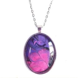 Pink purple and black acrylic paint pour pendant on 22" silver necklace new