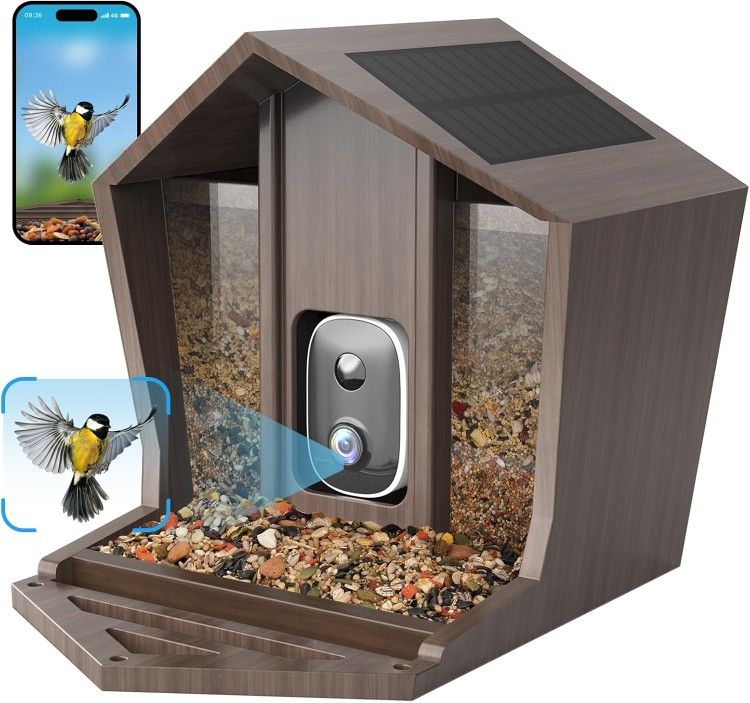 2.5K HD Smart Bird Feeder with Camera Solar Powered, AI Identifies 12000+ Birds, Auto Motion Detection, Waterproof Wooden Video Bird Feeder Camera Liv