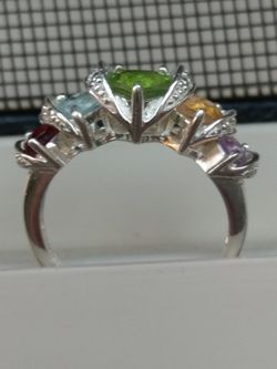 Sterling Silver 4.2g Ring With Genuine Peridot, Amethyst, Garnet, Blue Topaz, Citrine Hearts.
