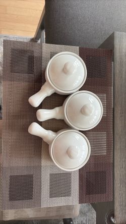 Set of 3 Denmark Bakeware White Ceramic French Onion Soup Bowls with Lids | 10 oz