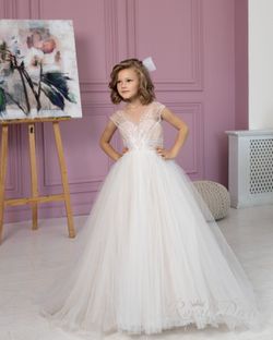 New. Nude, Beige, Off-white Glittered Sleeveless Girls Puffy Dress Flower Girl
