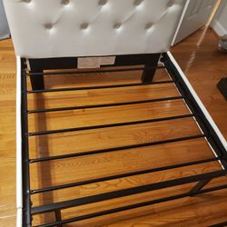 Twin Bed Frame, Faux Leather Tufted Headboard