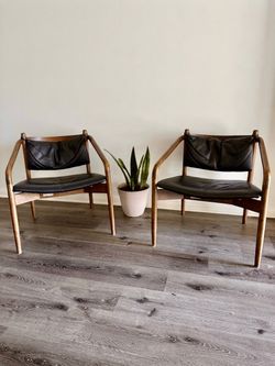 Article Lento Lounge Chairs | Mid Century Modern black leather and wood (Pair)