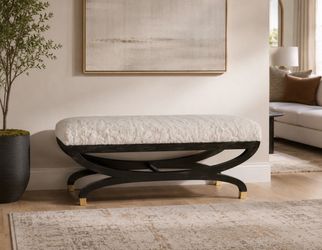 Faux Rabbit Fur Accent Bench / Ottoman – Black Curved Base & Gold Feet