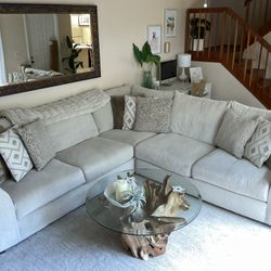 Cream Chenille Style Sectional Couch Or Sofa And Pillows