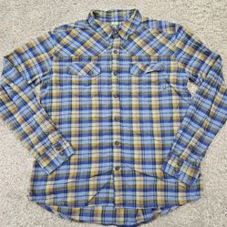 Stio Junction Midweight Flannel Shirt Mens L Blue Yellow Plaid Outdoors Casual
