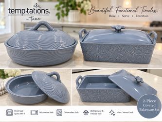 NEW Temp-tations by Tara 2-Piece Covered Bakeware Set – Gray/Blue