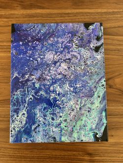 Acrylic Fluid Painting colored in sky blue, blue, green and black.