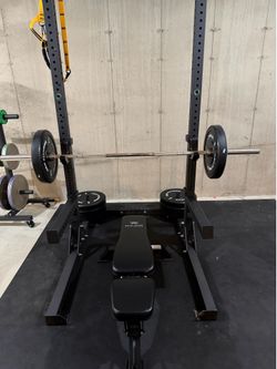 REP Fitness Squat Rack, Olympic Bar, Bumber Plates, Bench Home Gym Set