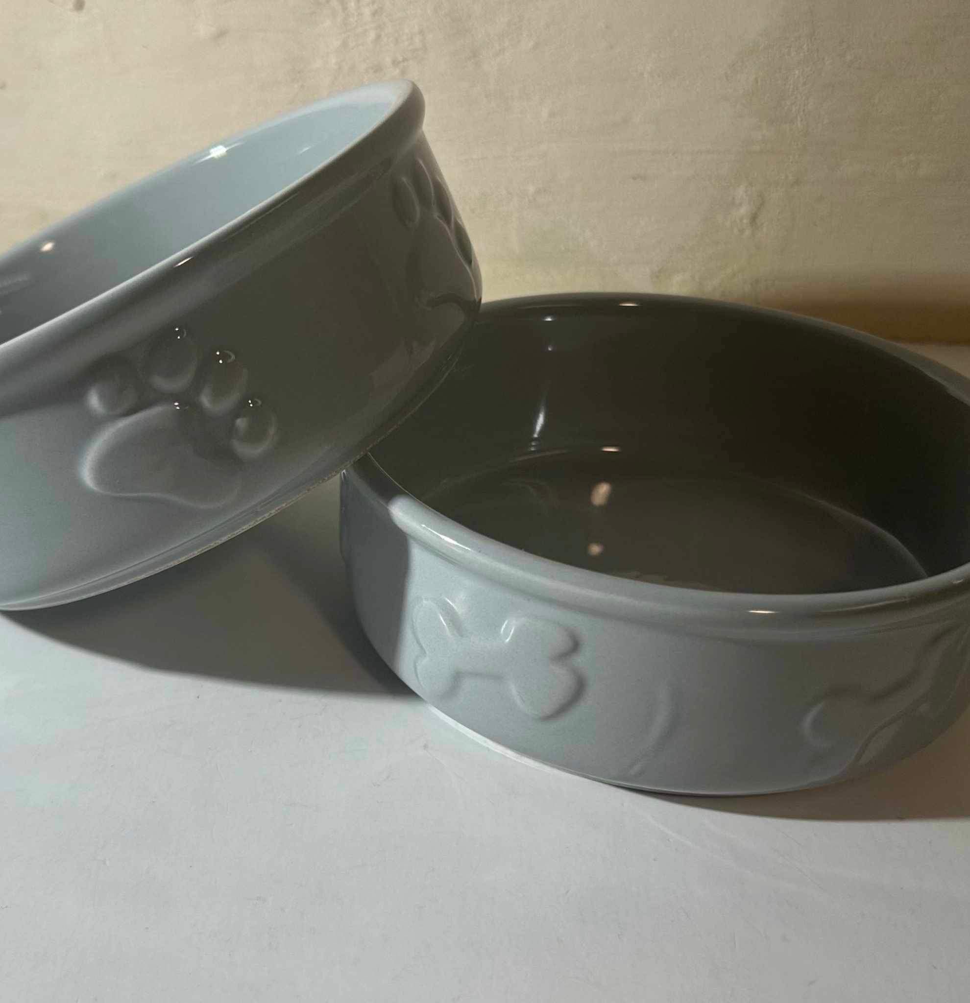 Water Food Dishes for Pets Grey Ceramic Bowl with Paw Prints Set of 2