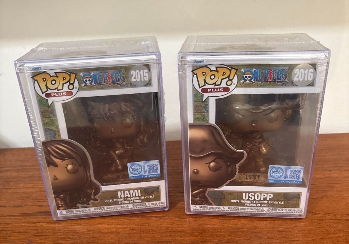 Funko POP! Nami #2015 Usopp #2016 Bronze Statues with hard plastic protectors!!!
