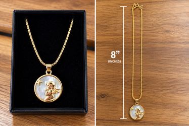 Gold Angel Pendant Necklace with Mother of Pearl