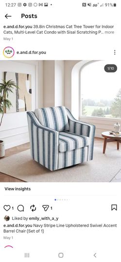 Navy Stripe Line Upholstered Swivel Accent Barrel Chair (Set of 1)