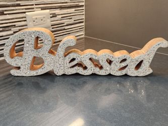 17x5 Gorgeous Silver BLESSED Bling Cursive Standing Wooden Word Art