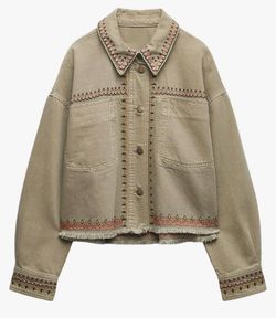 Womens Embroidered Overshirt Western Denim Jacket Cropped Shirt Jacket