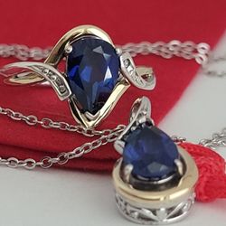 ❤️Sterling Silver & Solid Gold Sapphire & Diamond Set Ring (Size 6.75), Necklace & Pendant!/ Set de Plata y Oro Collar y Anillo con Zafiro y Diamantes
