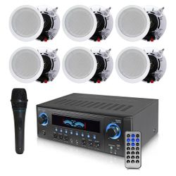 Technical Pro 1000 Watts Professional Home Theater Receiver System Kit w Portable Microphone with Digital Processing and Remote 6 Qty of 5.25” Ceiling