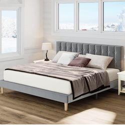 King Size Grey Velvet Upholstered Bed Frame - Modern Tufted Style