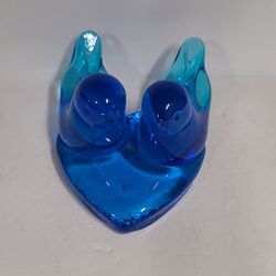 Beautiful Vintage Glass Blue Birds Of Happiness On Heart Figurine 