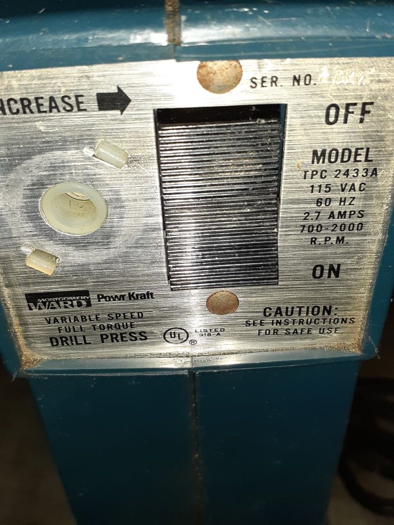DESCRIPTION Ward's PowrKraft TPC 2433A 3/8" Drill Press Quantity: 1 Manufacturer: Montgomery Ward Model: PowrKraft Model Number: TPC 2433