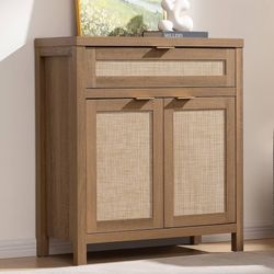 Buffet Cabinet Sideboard with Storage, Rattan Accent Cabinet with Doors Drawer, Boho Credenzas Farmhouse Buffet Table Console Coffee Bar Cabinets for 