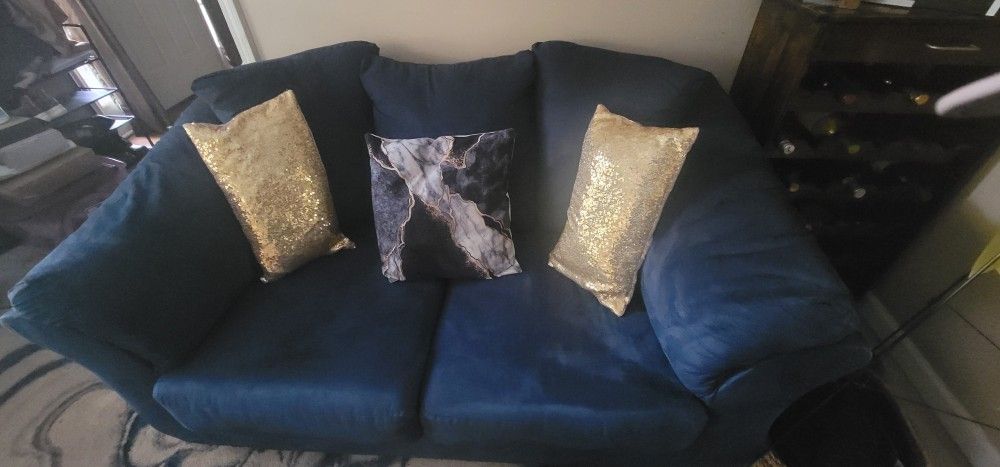 Blue Suede Couch Set For Sale
