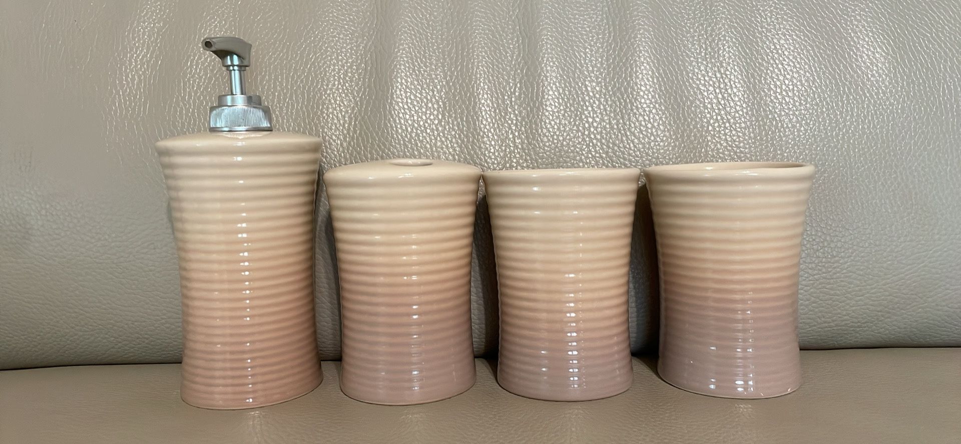 Ombre cream tan nude bathroom set soap dispenser 2 cups toothbrush holder