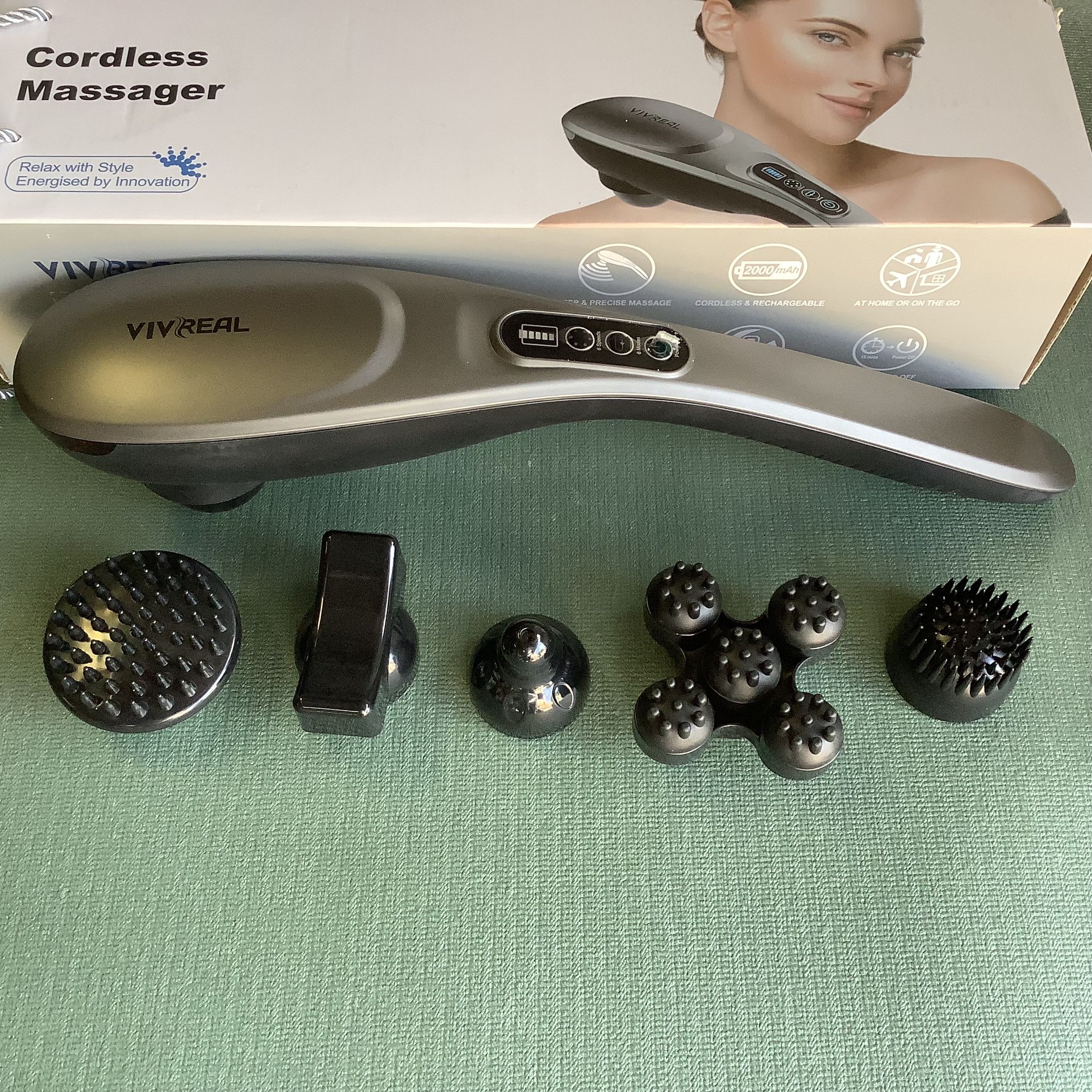 Vivreal Handheld Back Massager, 6 Interchangeable Nodes, 6 Speeds & 6 Modes, Cordless Massager Deep Tissue Massage . Rechargeable