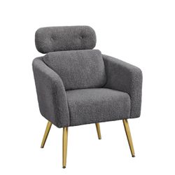 Accent Chair, Cozy Living Room Chair Adjustable Headrest, Boucle Vanity Chair Lumbar Pillow Golden Legs, Modern Armchair Bedroom, Dark Gray