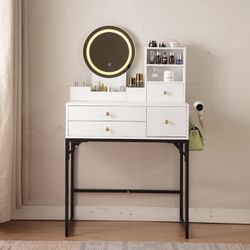 Vanity Desk with Lighted Mirror & Power Outlet