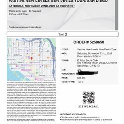 VASTIVE NEW LEVELS NEW DEVILS TOUR: SAN DIEGO SATURDAY, NOVEMBER 22ND, 2025 AT 9:30PM PST