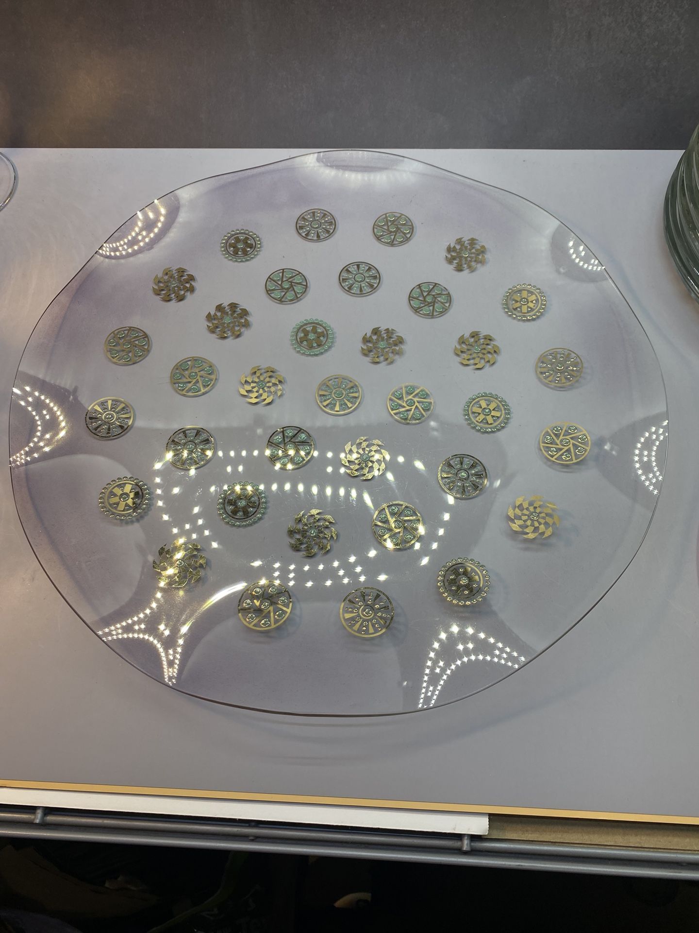 Vintage Dorothy Thorpe Glama Glass Atomic Starburst Tray Gold Turquoise.