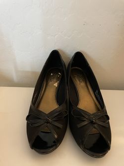Black suede kitten heels with bow detail