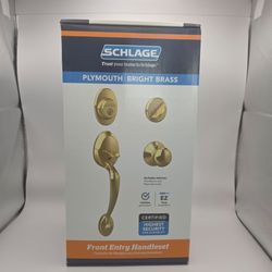 Schlage Plymouth Front Entry Door Handleset Bright Brass Keyed Lock NEW