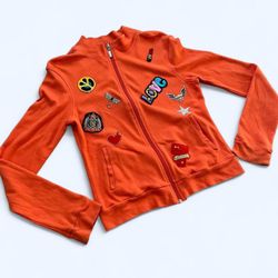 Wet Seal Large Orange Knit 100% Cotton Zip-up Vintage Sweatshirt Jacket Patches
