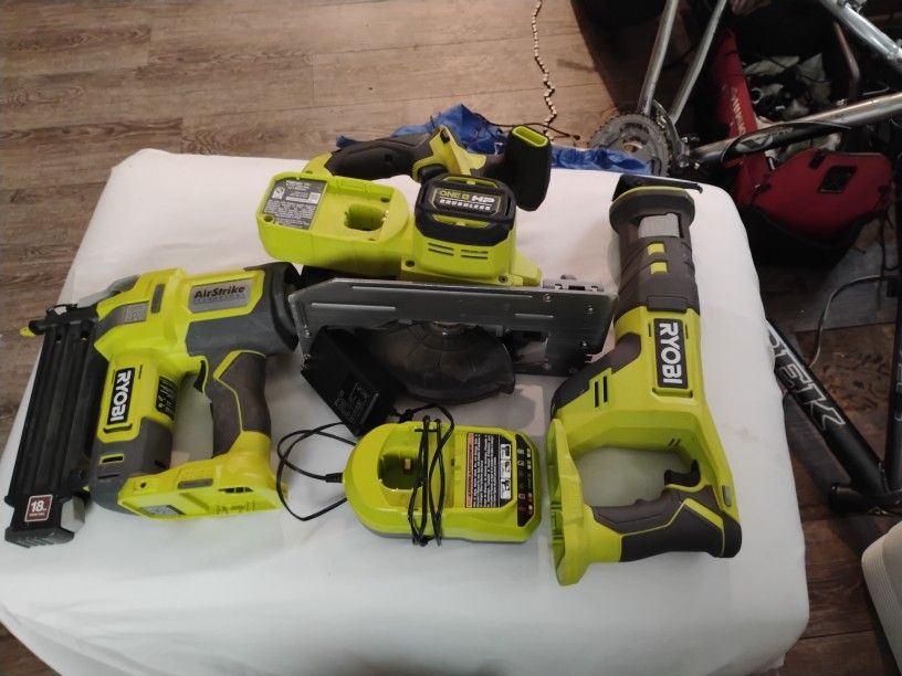 Ryobi Air Strike Nail Gun. Brushless Skill Saw And Sawzall
