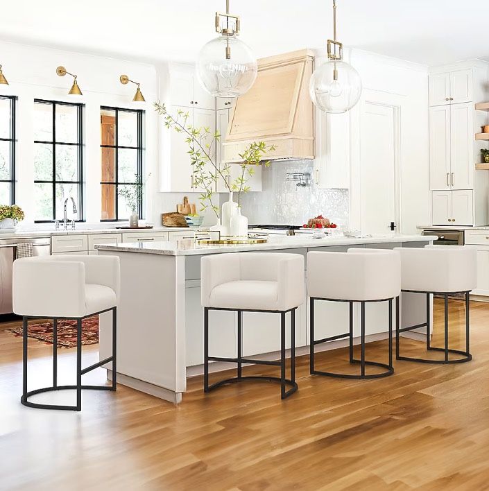 27" H Counter Height Bar Stools Set of 4, Modern Barrel Counter Stools with Backrest and Arms, Black Metal Frames, Faux Leather Upholstered Accent Bar