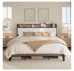 LIKIMIO California King Bed Frames, Storage Headboard with Charging Station, Solid and Stable, Noise Free, No Box Spring Needed, Easy Assembly, Wood a