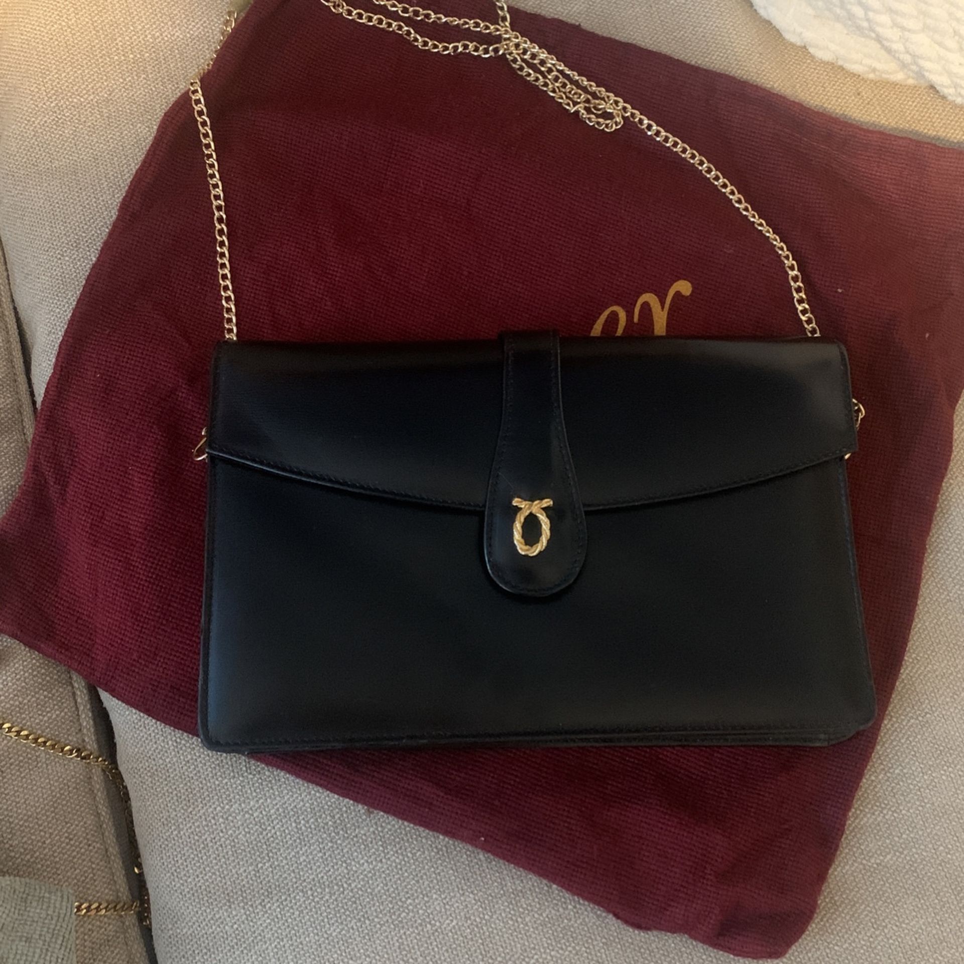 Vintage Launer London Black Leather Purse With Chain